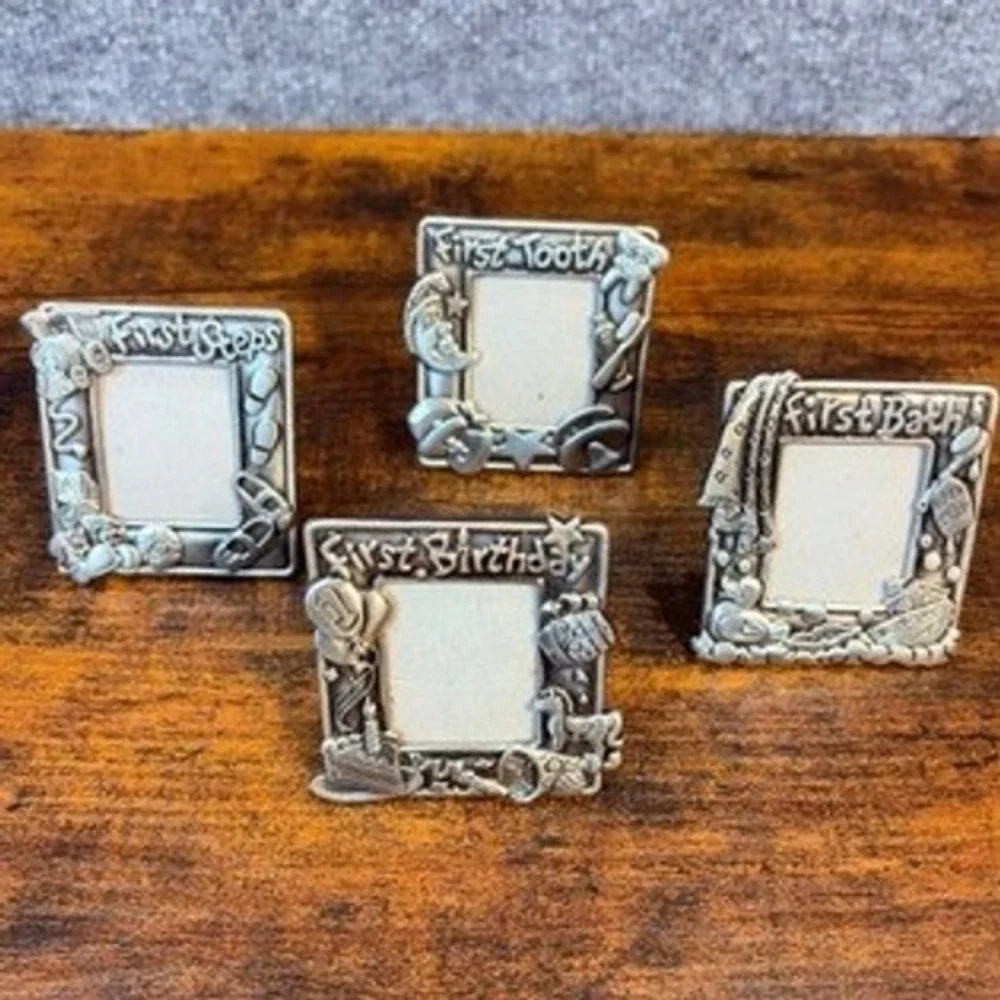 VTG Miniature Baby Milestone Pewter Frames Set of 4 Style Easel Nursery Gift‎ 3D